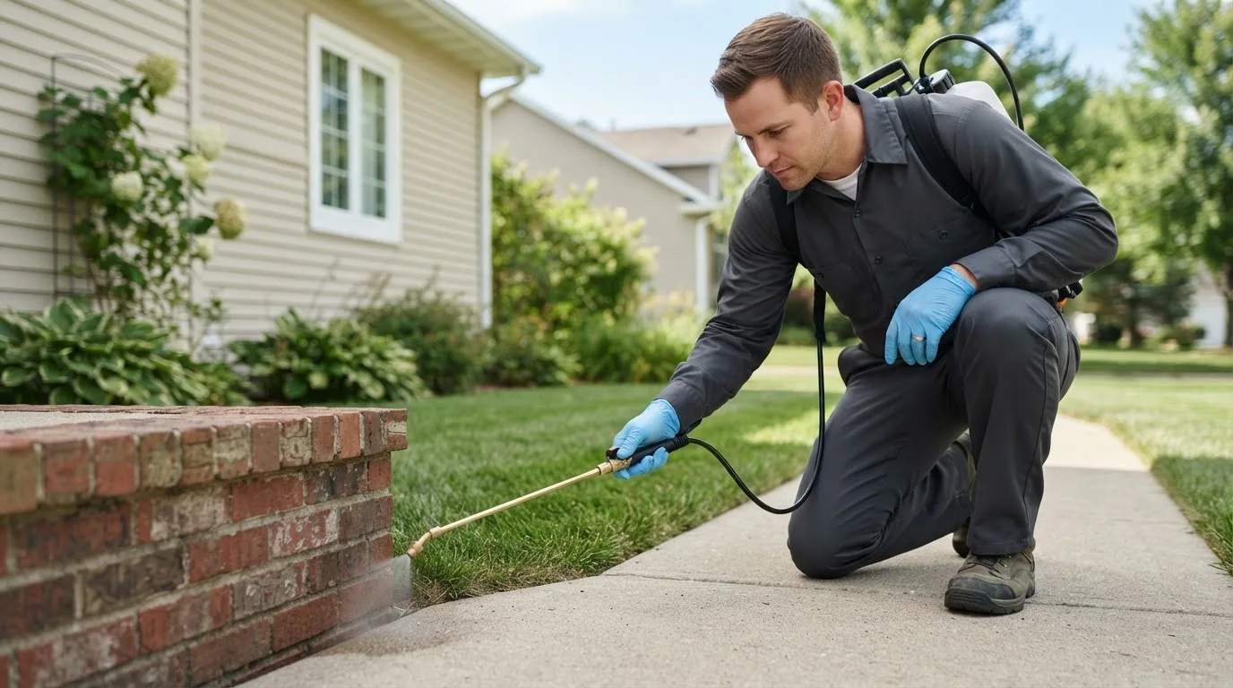 Pest control technician treating a home near New Baltimore, MI
