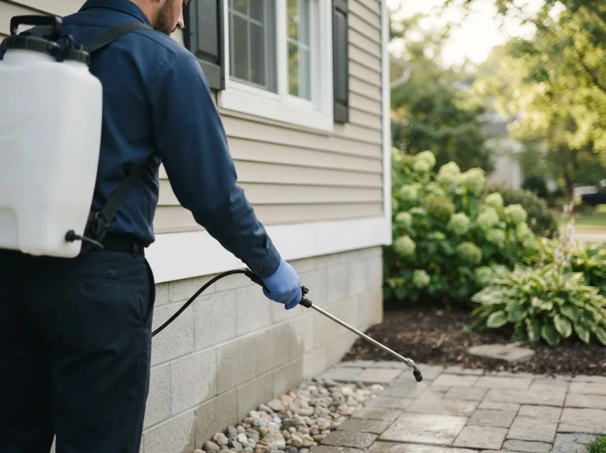 Pest control technician inspecting a home in New Baltimore, MI